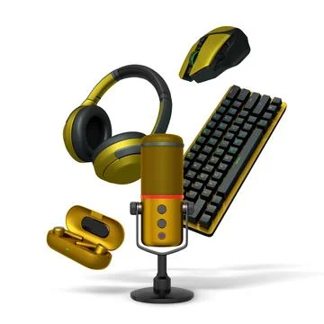 Gaming keyboard, controllers, headset, mouse, and microphone isolated on whit Stock Illustration