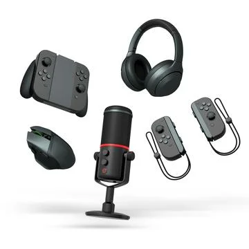 Gaming keyboard, controllers, headset, mouse, and microphone isolated on white Stock Illustration