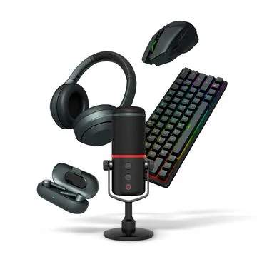 Gaming keyboard, controllers, headset, mouse, and microphone isolated on white Stock Illustration
