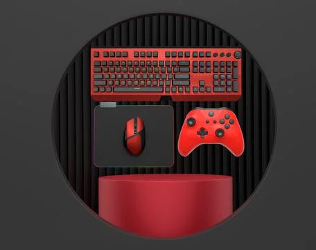 Gaming keyboard, mouse, and controller float in air on pastel background with Stock Illustration