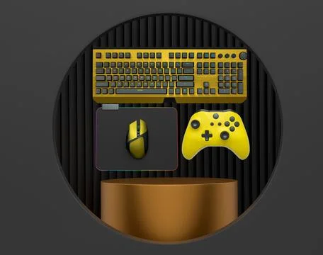 Gaming keyboard, mouse, and controller float in air on pastel background with Stock Illustration