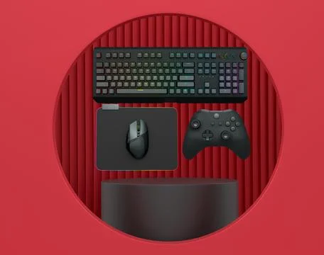 Gaming keyboard, mouse, and controller float in air on pastel background with Illustrazione stock