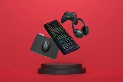 Gaming keyboard, mouse, controller, and headphones float in air on pastel b.. Stock Illustration