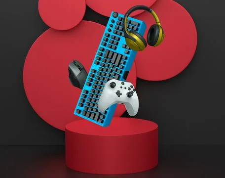 Gaming keyboard, mouse, controller, and headphones float in air on pastel bac Stock Illustration