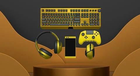 Gaming keyboard, mouse, controller, and headphones float in air on pastel Stock Illustration