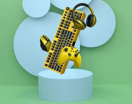 Gaming keyboard, mouse, controller, and headphones float in air on pastel Stock Illustration