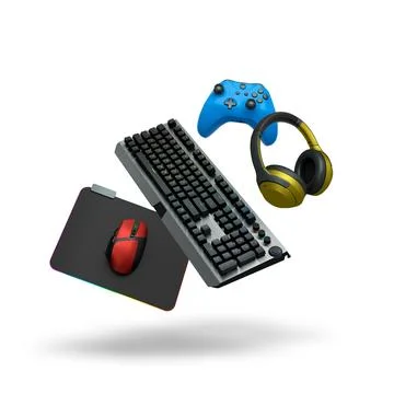 Gaming keyboard, mouse, controller and headphones floating in air, isolated on Stock Illustration