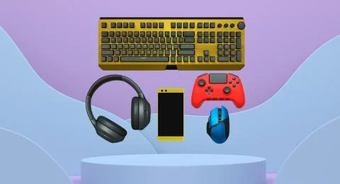 Gaming keyboard, mouse, controller, and headphones float in air on pastel Stock Illustration