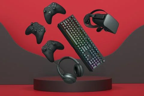 Gaming keyboard, mouse, controller, and headphones float in air on pastel Stock Illustration