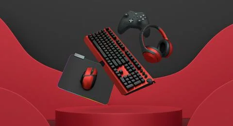 Gaming keyboard, mouse, controller, and headphones float in air on pastel Stock Illustration