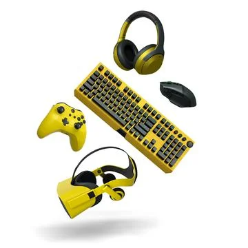 Gaming keyboard, mouse, controller and headphones floating in air, isolated on Stock Illustration