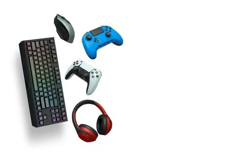 Gaming keyboard, mouse, controller and headphones floating in air, isolated on Stock Illustration