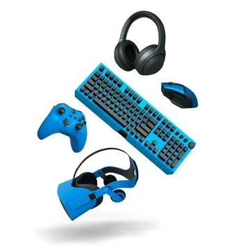 Gaming keyboard, mouse, controller and headphones floating in air, isolated on Stock Illustration