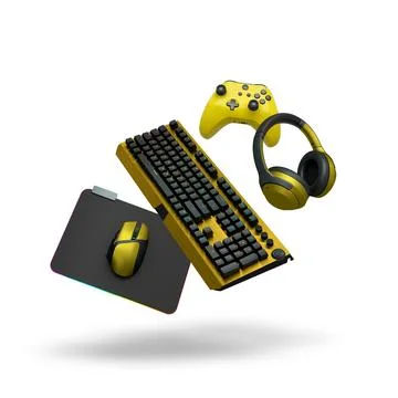 Gaming keyboard, mouse, controller and headphones floating in air, isolated on Stock Illustration