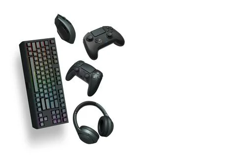 Gaming keyboard, mouse, controller and headphones floating in air, isolated.. Illustrazione stock