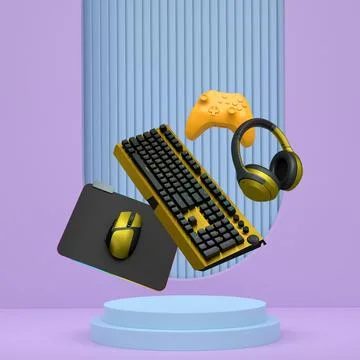 Gaming keyboard, mouse, controller, and headphones float in air on pastel b.. Illustrazione stock