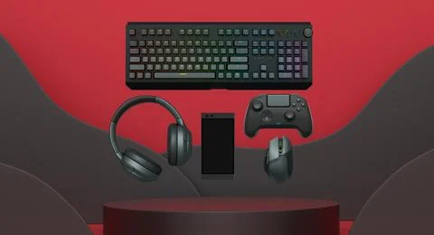 Gaming keyboard, mouse, controller, and headphones float in air on pastel bac Illustrazione stock
