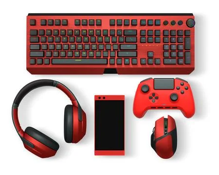 Gaming keyboard, mouse, controller, headset, and smartphone isolated on white Illustrazione stock