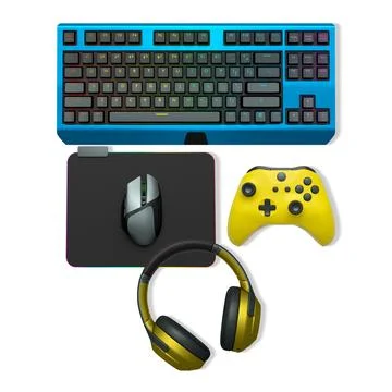 Gaming keyboard, mouse, controller, headset, and smartphone isolated on white Stock Illustration