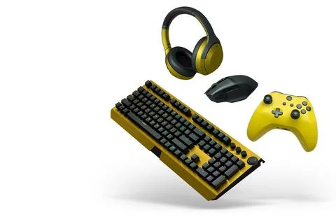 Gaming keyboard, mouse, controller, headset, and smartphone isolated on white Stock Illustration