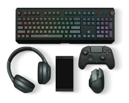 Gaming keyboard, mouse, controller, headset, and smartphone isolated on white Stock Illustration