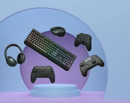 Gaming keyboard, mouse, controllers, and headphones floating above podium on Stock Illustration