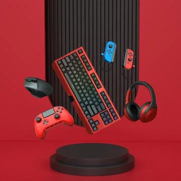 Gaming keyboard, mouse, controllers, and headphones floating above podium on Stock Illustration