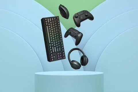 Gaming keyboard, mouse, controllers, and headphones floating above podium on Stock Illustration