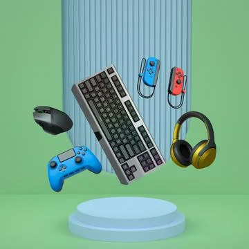 Gaming keyboard, mouse, controllers, and headphones floating above podium on Stock Illustration