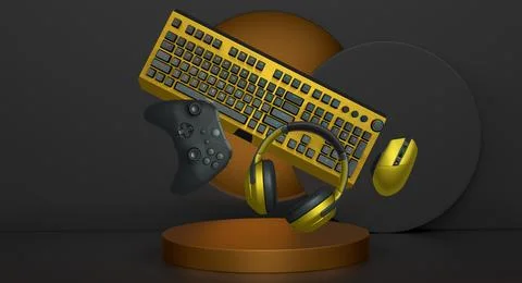 Gaming keyboard, mouse, controllers, and headphones floating above podium on Stock Illustration