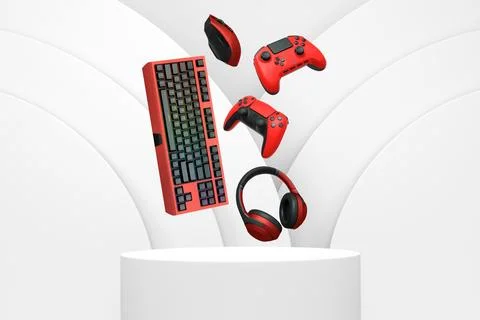Gaming keyboard, mouse, controllers, and headphones floating above podium on Stock Illustration