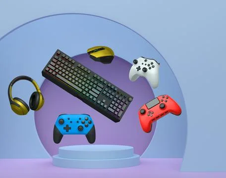 Gaming keyboard, mouse, controllers, and headphones floating above podium on Stock Illustration