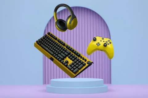 Gaming keyboard, mouse, controllers, and headphones floating above podium on  Stock Illustration