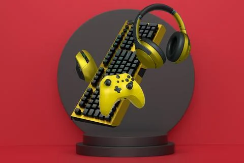 Gaming keyboard, mouse, controllers, and headphones floating above podium on  Stock Illustration