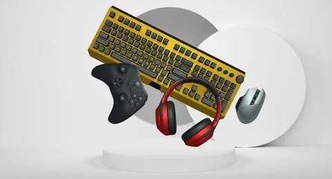 Gaming keyboard, mouse, controllers, and headphones floating above podium on  Stock Illustration