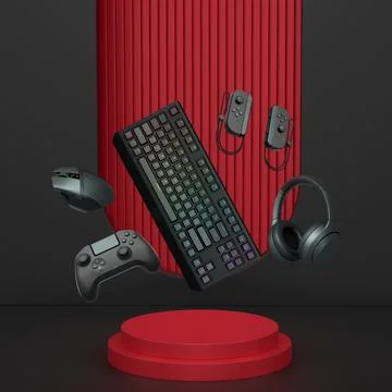 Gaming keyboard, mouse, controllers, and headphones floating above podium on  Illustrazione stock