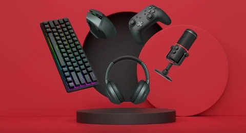 Gaming keyboard, mouse, controllers, mic and headphones floating above podium on Stock Illustration