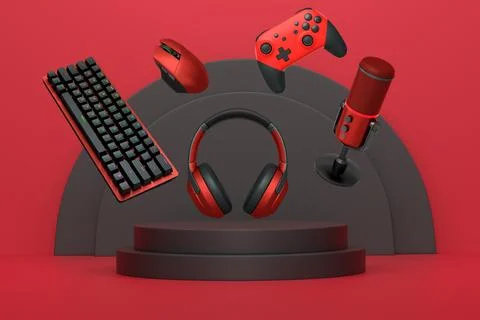 Gaming keyboard, mouse, controllers, mic and headphones floating above podium on Stock Illustration