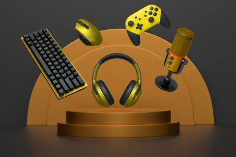 Gaming keyboard, mouse, controllers, mic and headphones floating above podium on Stock Illustration