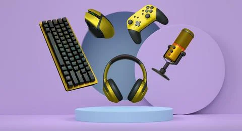 Gaming keyboard, mouse, controllers, mic and headphones floating above podium on Stock Illustration