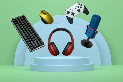 Gaming keyboard, mouse, controllers, mic and headphones floating above podium on Stock Illustration
