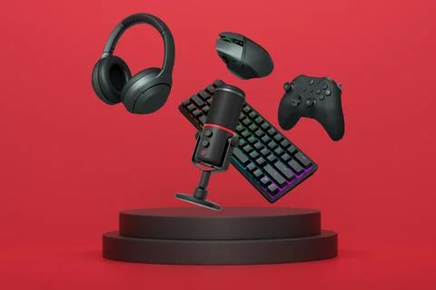 Gaming keyboard, mouse, controllers, microphone and headphones floating above Stock Illustration