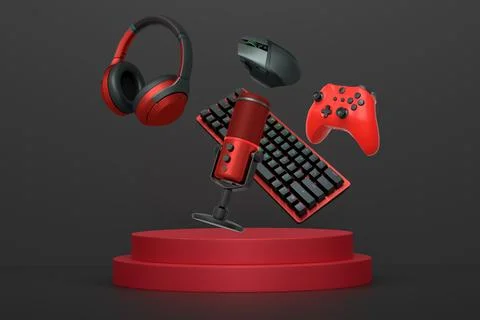 Gaming keyboard, mouse, controllers, microphone and headphones floating above Stock Illustration