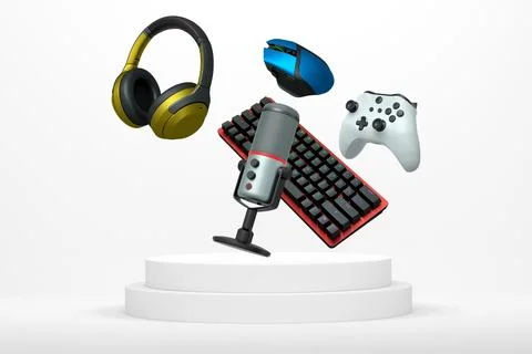 Gaming keyboard, mouse, controllers, microphone and headphones floating abo.. Stock Illustration