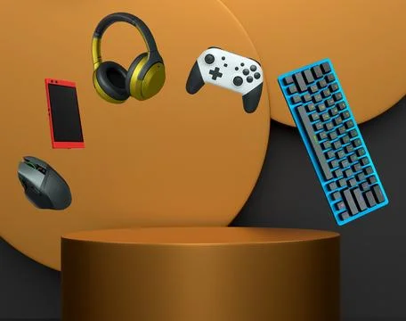 Gaming keyboard, mouse, controllers, phone and headphones floating above podium Stock Illustration