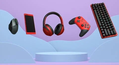 Gaming keyboard, mouse, controllers, phone and headphones floating above podium Stock Illustration