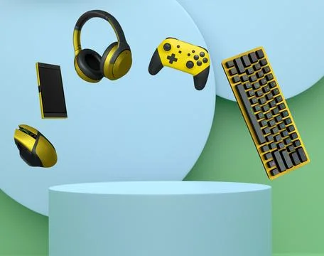 Gaming keyboard, mouse, controllers, phone and headphones floating above podium Stock Illustration