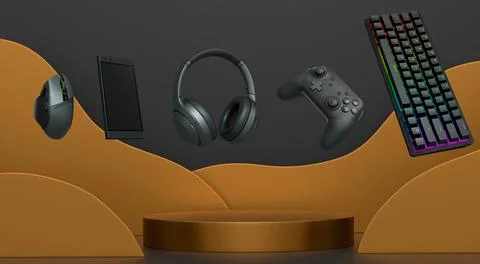 Gaming keyboard, mouse, controllers, phone and headphones floating above podium Stock Illustration