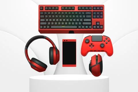 Gaming keyboard, mouse, controllers, phone and headphones floating above podium Stock Illustration