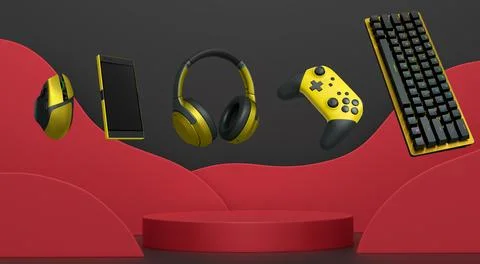 Gaming keyboard, mouse, controllers, phone and headphones floating above podium Stock Illustration